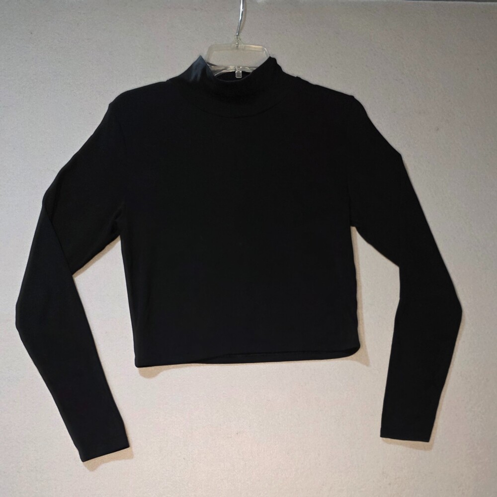 Zara Black Mock Neck Crop Top Long Sleeve Minimalist Basic Layer - Size L